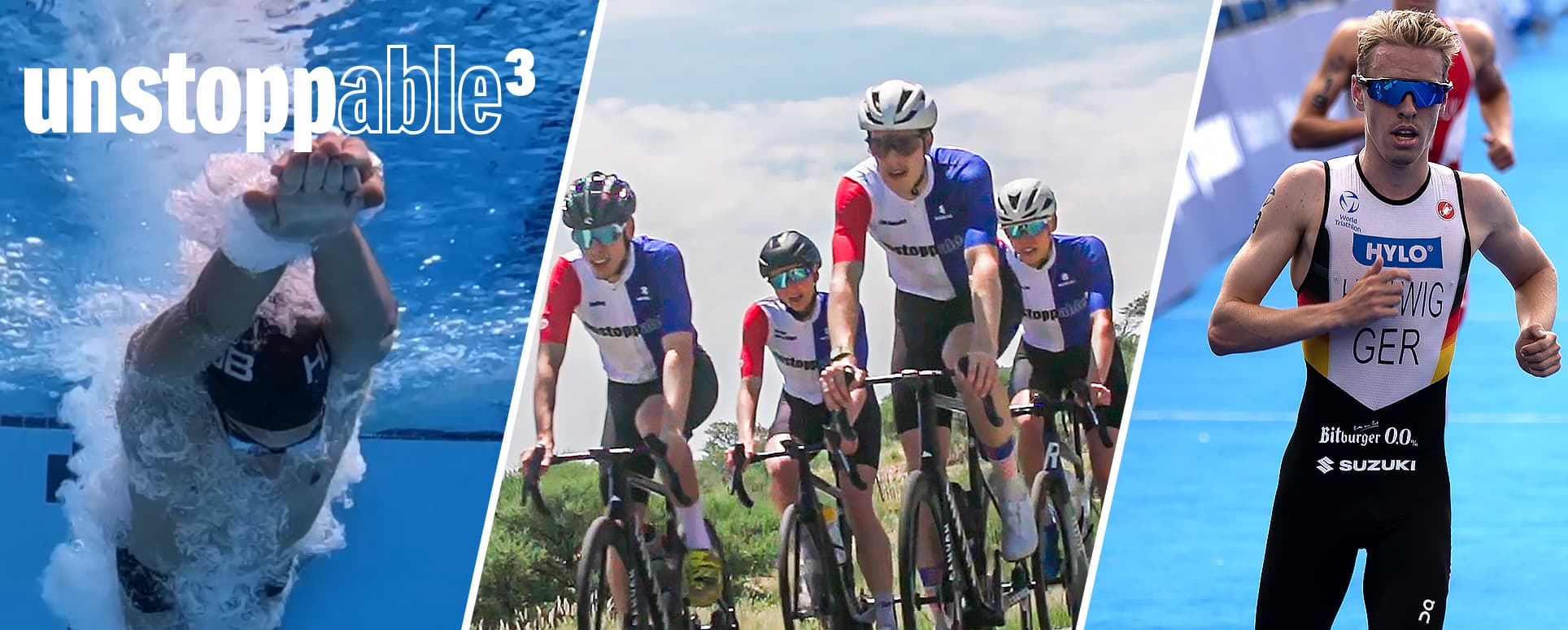 Abbildung zeigt Deutsche Triathlon Union bei den verschiedenen Disziplinen Schwimmen, Radfahren und Laufen