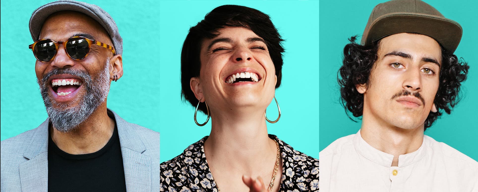 Drei Personen vor buntem Hintergrund: ein lachender älterer Mann mit Bart und Sonnenbrille, eine fröhliche junge Frau und ein ernster junger Mann mit Mütze und Schnurrbart