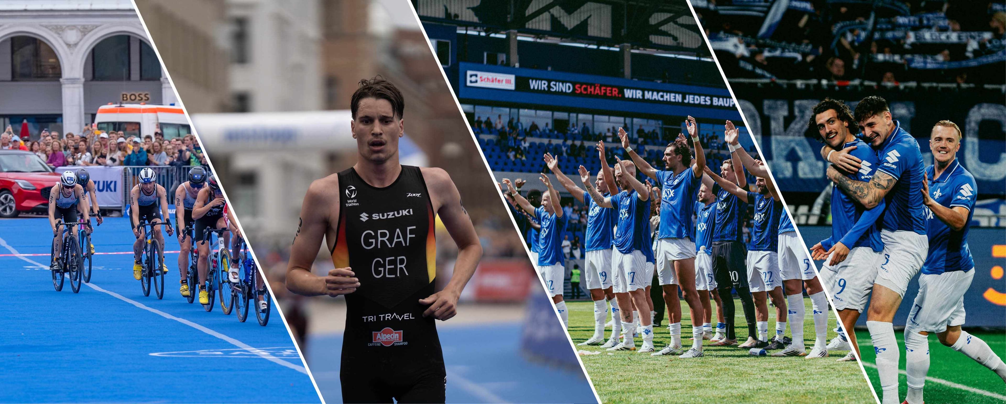 Abbildung zeigt Radfahrer und einen Läufer beim Deutschen Hamburg Triathlon und Fußballer des SV Darmstadt 98 biem Jubeln.