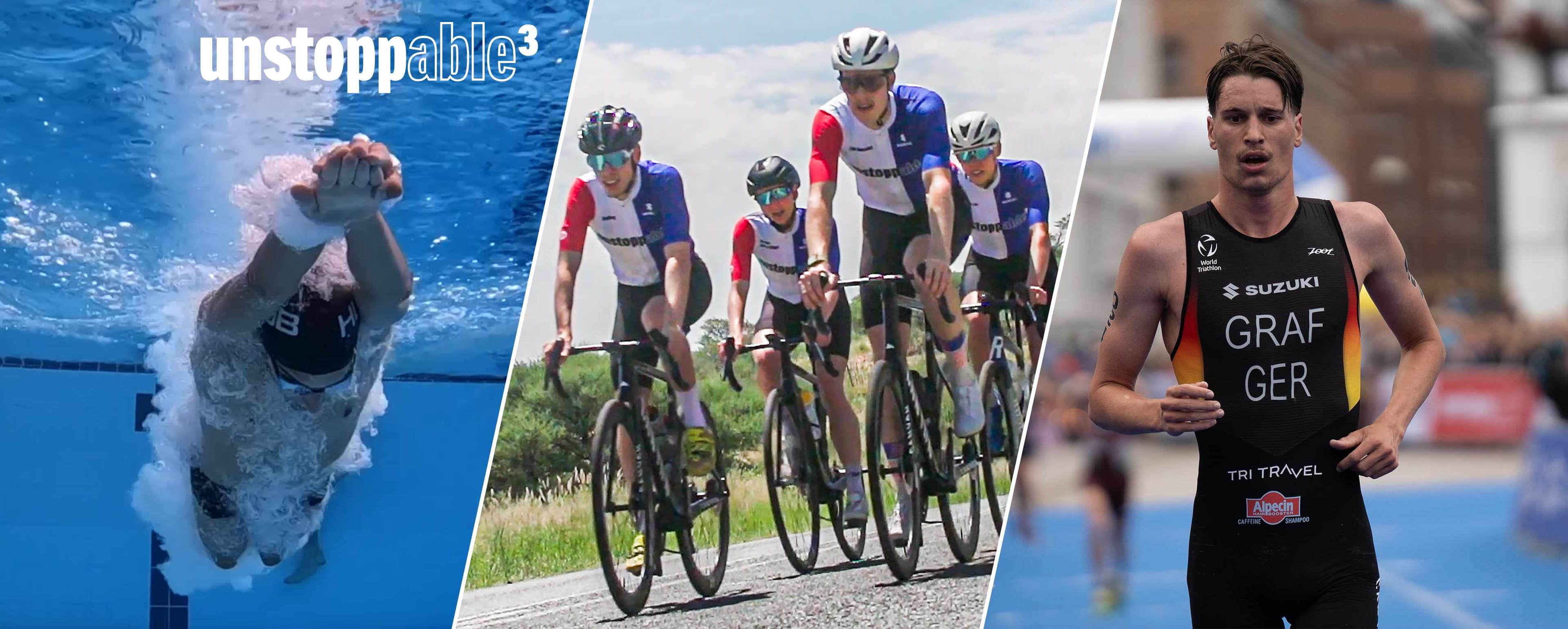 Abbildung zeigt Deutsche Triathlon Union bei den verschiedenen Disziplinen Schwimmen, Radfahren und Laufen