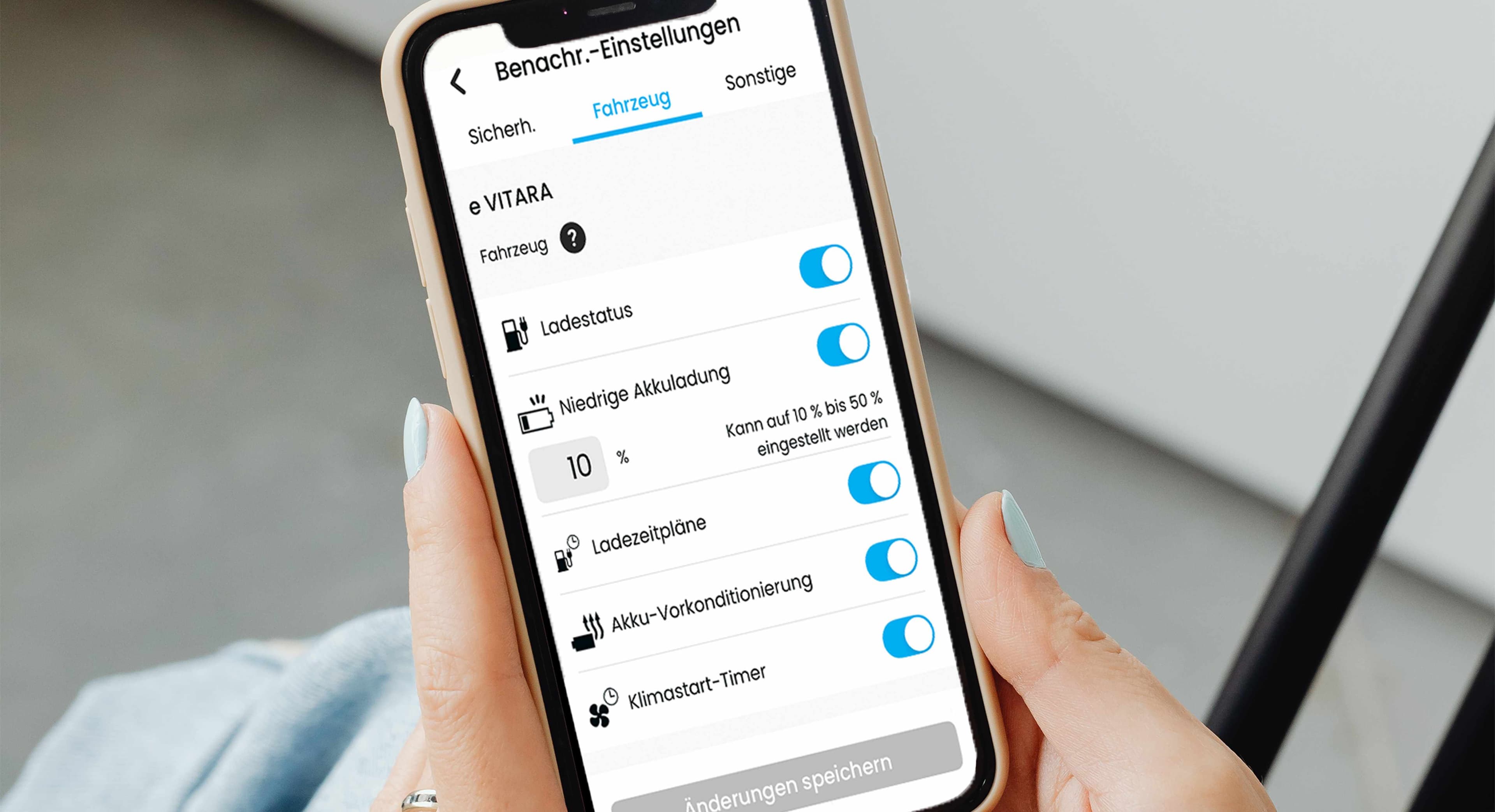 Ansicht eines Smartphonescreens mit verschiedenen Fahrzeuginformationen