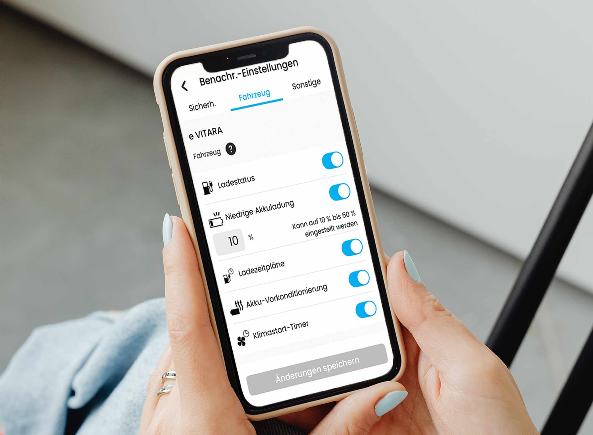 Ansicht eines Smartphonescreens mit verschiedenen Fahrzeuginformationen