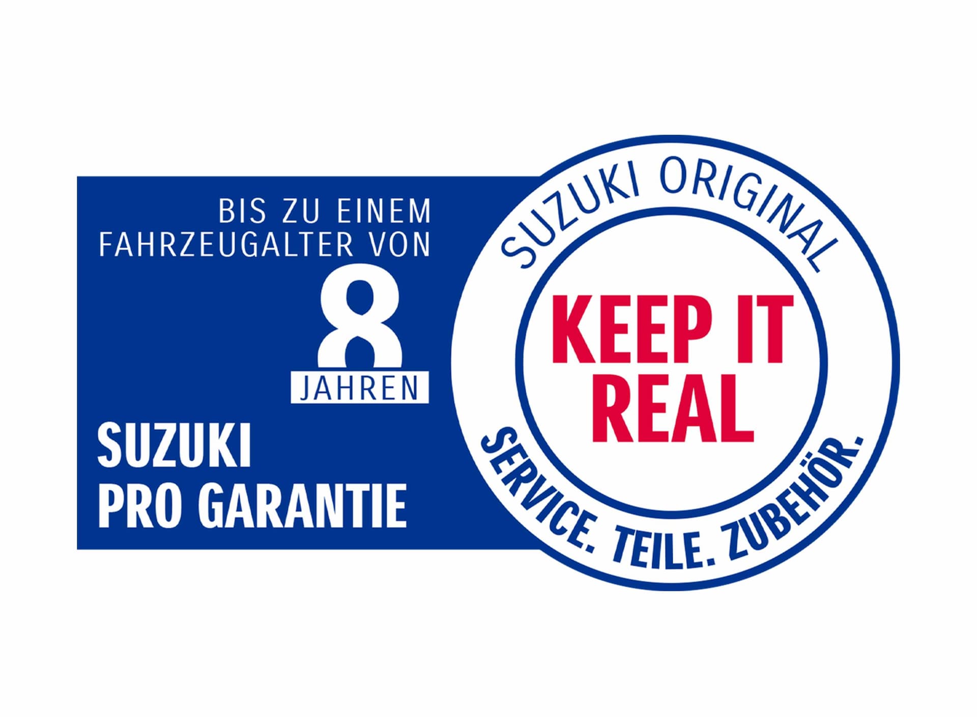 Die Suzuki Modelle – Swift, S-Cross, Vitara, e VITARA und Across – stehen vor einer grafischen Hintergrundkulisse weiß und blau. Im Bild ist ein grafisches Symbol, die Zahl 8 in einem blauen Rahmen. . Das Logo der Suzuki Pro Garantie und das "Keep It Real" Logo. Texte: Suzuki Original Service. Teile. Zubehör. Keep It Real. Und: Bis zu einem Fahrzeugalter von 8 Jahren. Suzuki Pro Garantie Eine Suzuki Mitarbeiterin sitzt in einem Suzuki Overall in einem Auto. Sie arbeitet an einer auf einem Tablett dargestellten Checkliste.