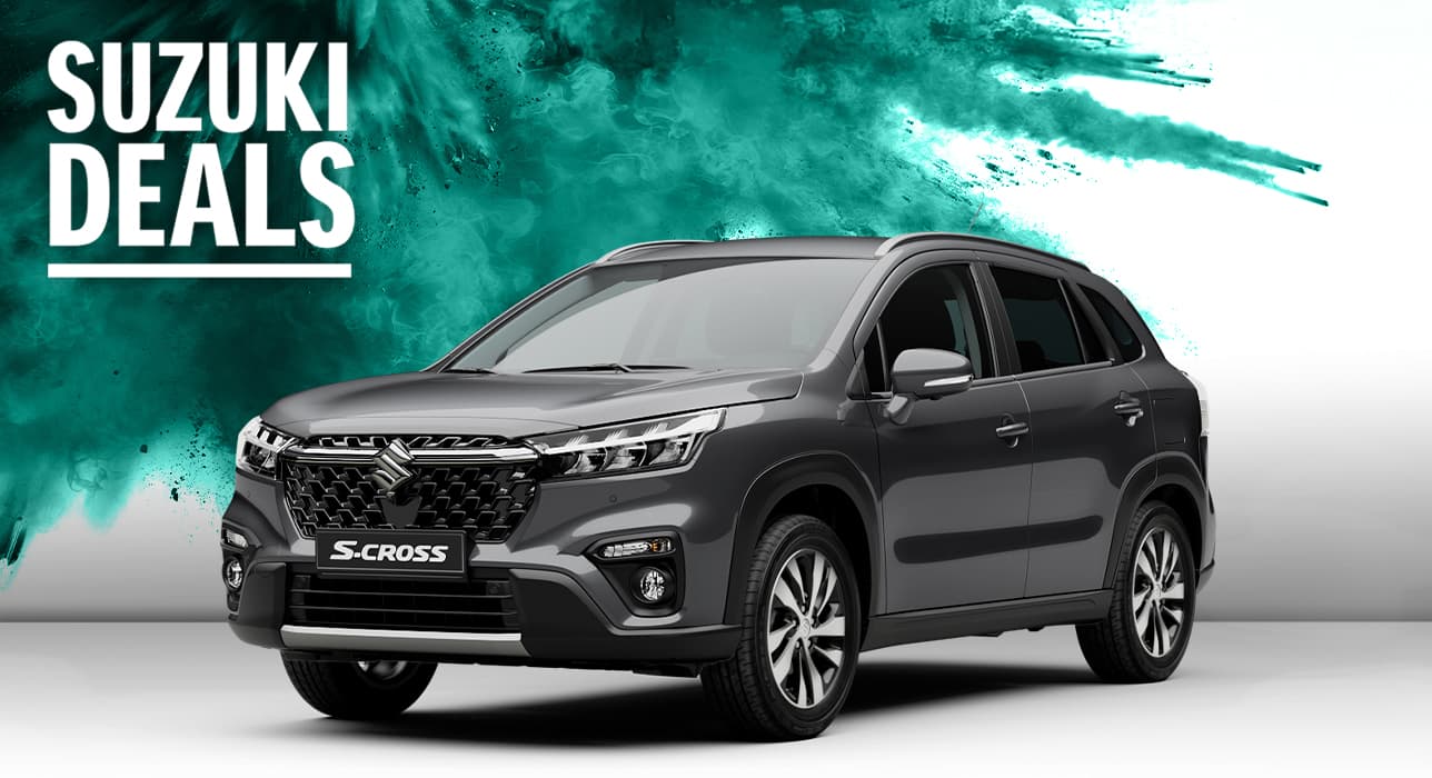 Dunkelgrauer Suzuki S-Cross Hybrid vor petrolfarbener Farbexplosion – Deals, 5,7 l/100 km, CO₂ 132 g/km, Klasse D