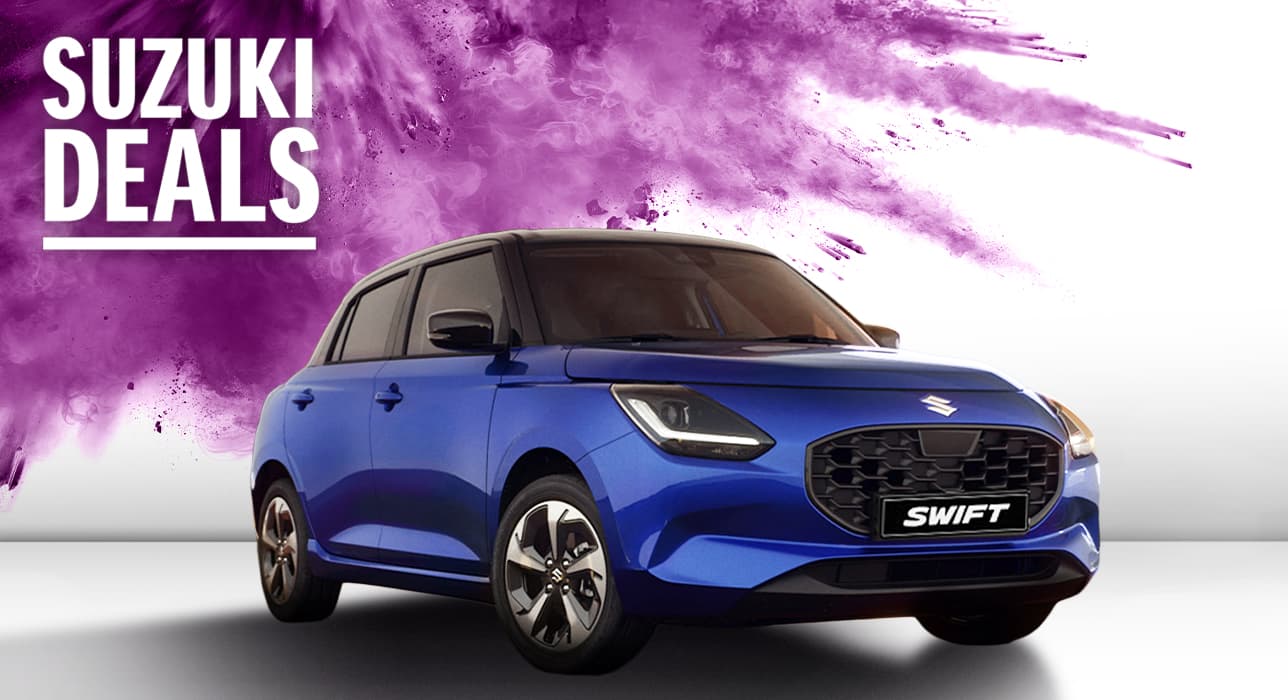 Suzuki Swift Hybrid vor lila Farbeffekt – Suzuki Deals, Verbrauch 4,4 l/100 km, CO₂-Emission 99 g/km, Klasse C