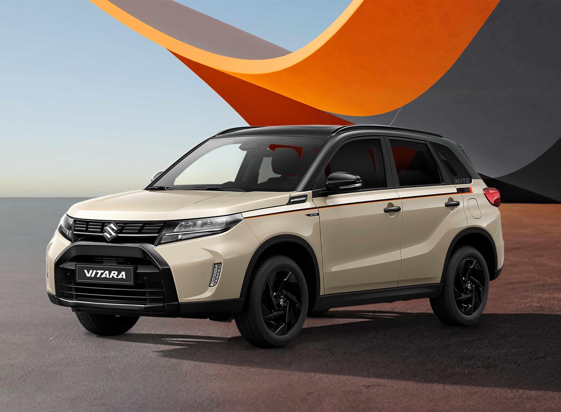 Suzuki Vitara X-ITE in Zweifarbenlackierung, schräg von vorne vor stilisiertem Hintergrund.