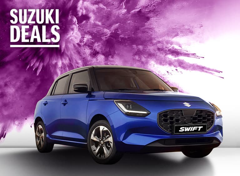 Suzuki Swift Hybrid vor lila Farbeffekt – Suzuki Deals, Verbrauch 4,4 l/100 km, CO₂-Emission 99 g/km, Klasse C