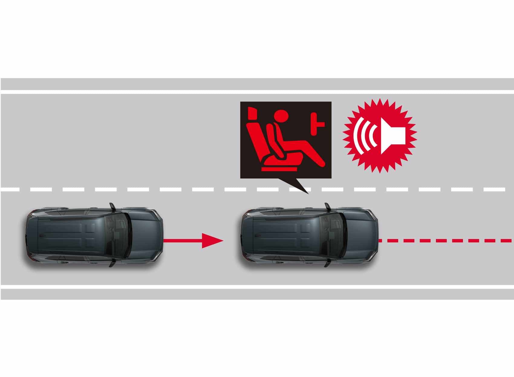 Die Illustration visualisiert die Funktionsweise des Nothalteassistenten. Links im Bild befindet sich ein fahrender Across in der Mitte seiner Spur. Ein roter Pfeil in Fahrtrichtung zeigt auf das gleiche Fahrzeug, das ein Stück weiter gefahren ist. Dem zweiten Fahrzeug ist ein rotes Icon in einer schwarzen Sprechblase zugeordnet: ein Fahrer, der unbeweglich im Fahrersitz hängt und das Lenkrad nicht berührt. Daneben befindet sich ein zweites Icon, das mit einem Lautsprecher mit Schallwellen die akustische Warnung symbolisiert. Vor dem Auto befindet sich eine gestrichelte rote Linie. Diese visualisiert den aktiven Nothalteassistenten, der das Fahrzeug automatisch abbremst.