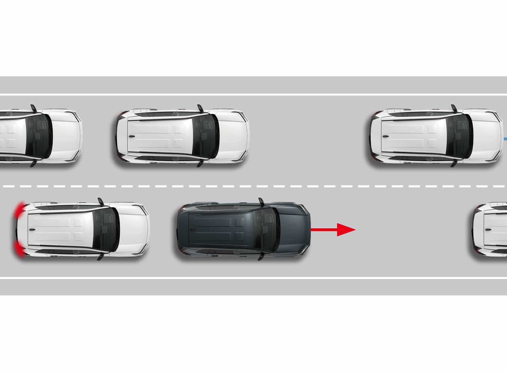 Die Illustration visualisiert den adaptiven Tempomat: Ein dunkler Across fährt auf einer zweispurigen Straße. Um ihn herum fahren 5 weiße Autos. Ein roter Pfeil zwischen dem Across und dem Fahrzeug vor ihm zeigt an, dass der Across automatisch einen sicheren Abstand einhält, während die Abstände zwischen den anderen Fahrzeugen variieren.