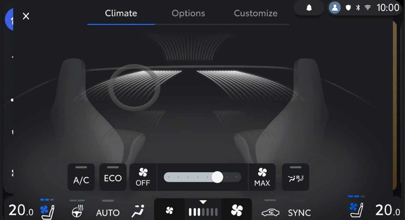 Screenshot des Multimedia-Displays. Es zeigt die Steuerung der Klimaanlage durch Buttons und Schieberegler.