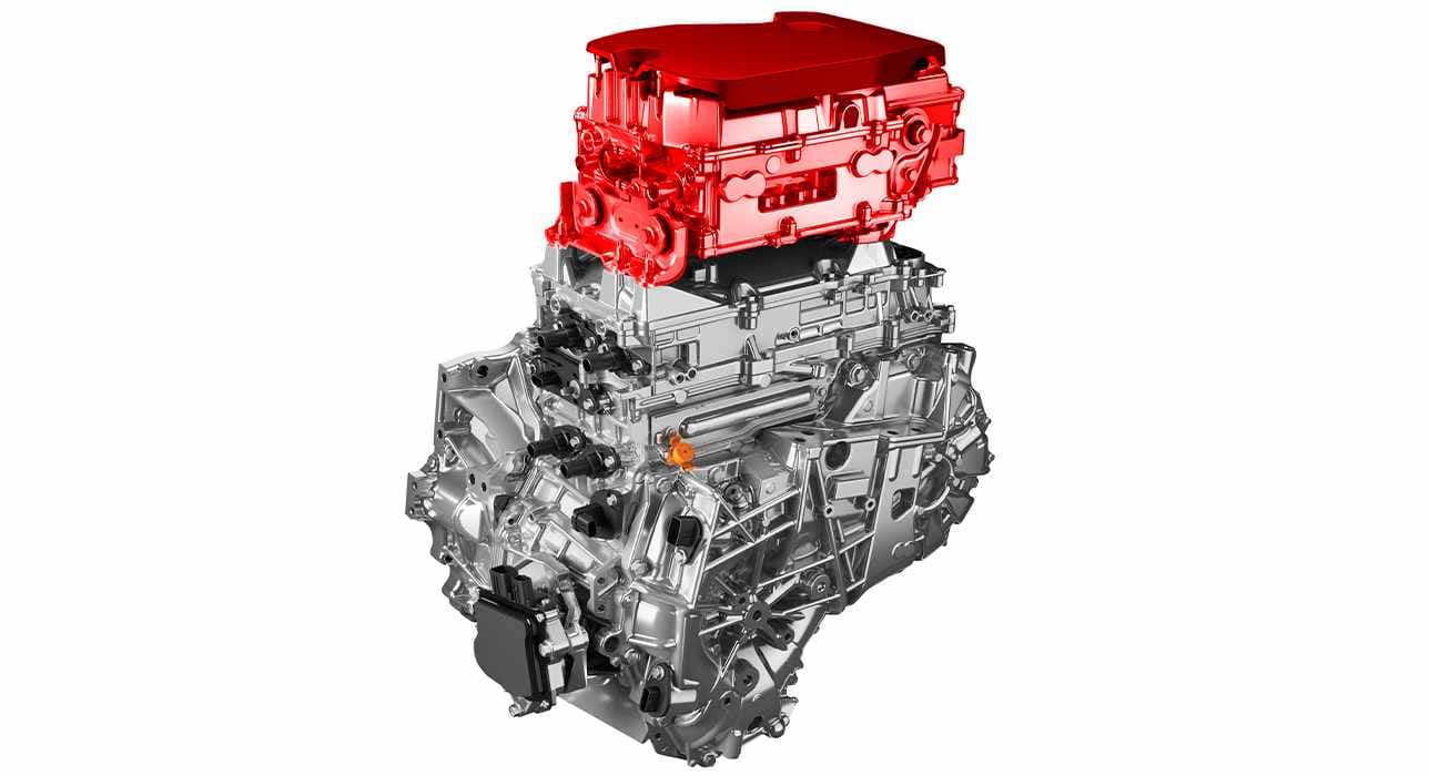 Die beiden Motoren des Across in einer vereinfachten Darstellung. Der Elektromotor ist oben auf dem Ottomotor angebracht und rot hervorgehoben.