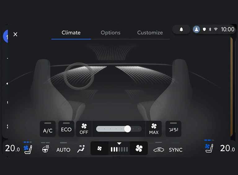 Screenshot des Multimedia-Displays. Es zeigt die Steuerung der Klimaanlage durch Buttons und Schieberegler.
