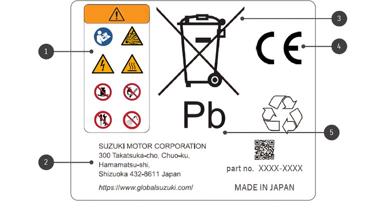 labl.jpg Warnhinweis mit Sicherheitssymbolen, Herstellerangabe (Suzuki Japan), Symbol für getrennte Sammlung (durchgestrichener Mülleimer), CE-Kennzeichen und Hinweis auf Blei (Pb) als Schwermetall