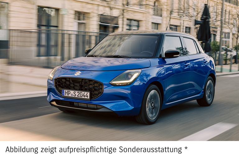 Blauer Suzuki Swift mit schwarzem Dach mit dem Hinweis auf Sonderausstattung