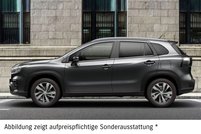 Dunkelgrauer Suzuki S-Cross vor petrolfarbenem Rauch mit Text "Suzuki Deals" und Hinweis auf Sonderausstattung