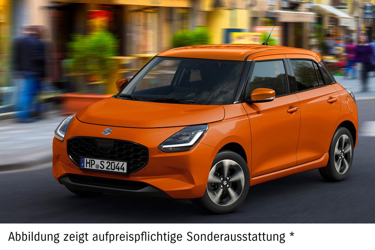 Orangefarbener Suzuki Swift mit schwarzem Dach mit dem Hinweis auf Sonderausstattung