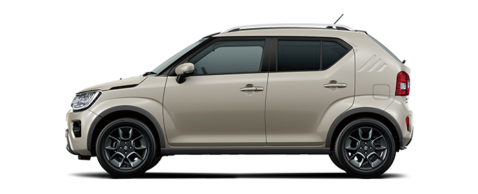 Seitenansicht des Suzuki Ignis Hybrid in Caravan Ivory Pearl Metallic.