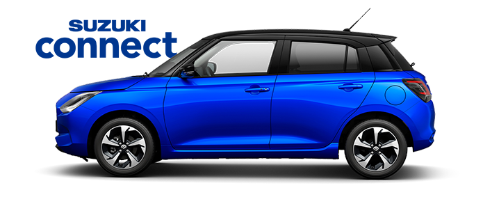 Von der Seite fotografierter Suzuki Swift Hybrid in Frontier Blue Pearl Metallic.