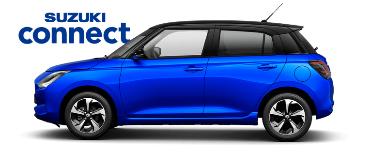 Von der Seite fotografierter Suzuki Swift Hybrid in Frontier Blue Pearl Metallic.