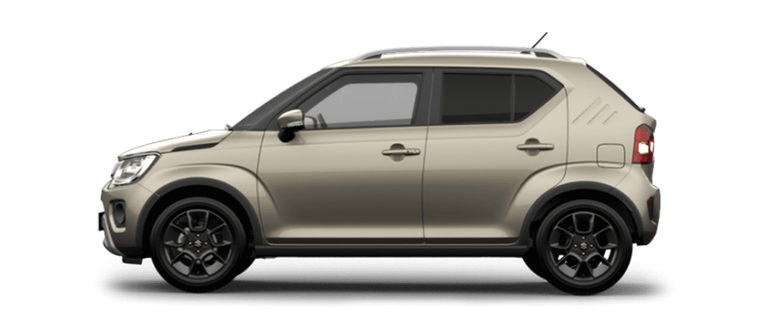 Seitenansicht des Suzuki Ignis Hybrid in Caravan Ivory Perl Metallic.