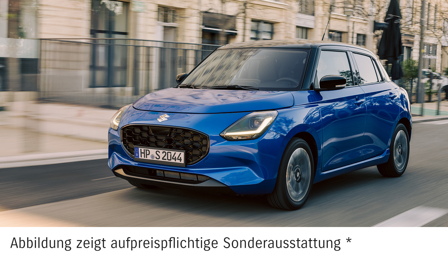 Blauer Suzuki Swift mit dem Hinweis auf aufpreispflichtige Sonderausstattung