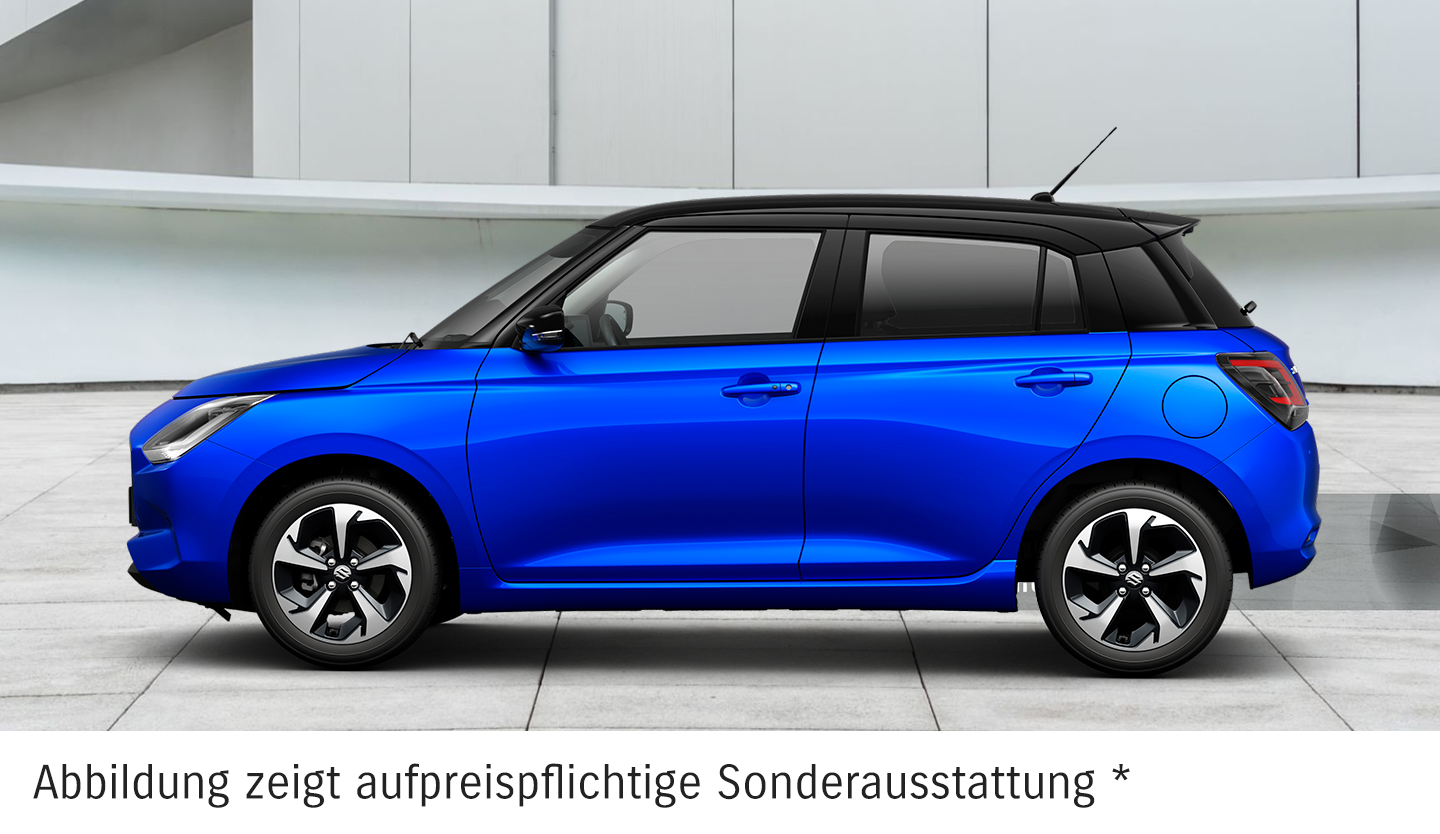 Blauer Suzuki Swift mit dem Hinweis auf aufpreispflichtige Sonderausstattung