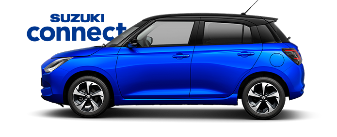 Von der Seite fotografierter Suzuki Swift Hybrid in Frontier Blue Pearl Metallic.