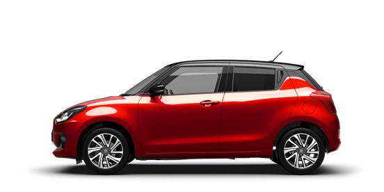 Von der Seite fotografierter Suzuki Swift Hybrid in Burning Red Pearl Metallic.