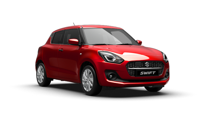 Schräg von der Seite fotografierter Suzuki Swift Hybrid in Burning Red Pearl Metallic.