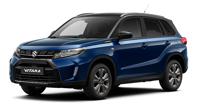 Ein Suzuki Vitara Hybrid in Solar Yellow Pearl Metallic leicht seitlich fotografiert.