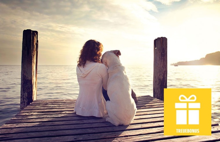 Einde Frau mit Hund an einem Steg am See.